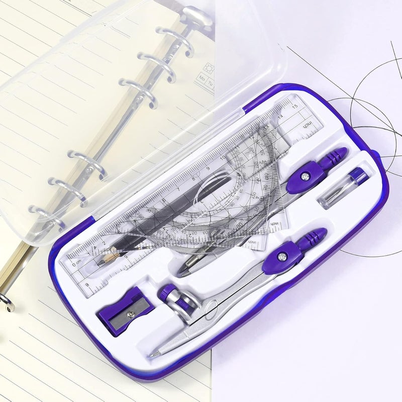 Vobou Math Geometry Kit Sets 10 Piece Student Supplies with Shatterproof Storage Box,Includes Rulers,Protractor,Compass,Eraser,Pencil Sharpener,Lead Refills,Pencil,for Drafting（Purple） - Image 4